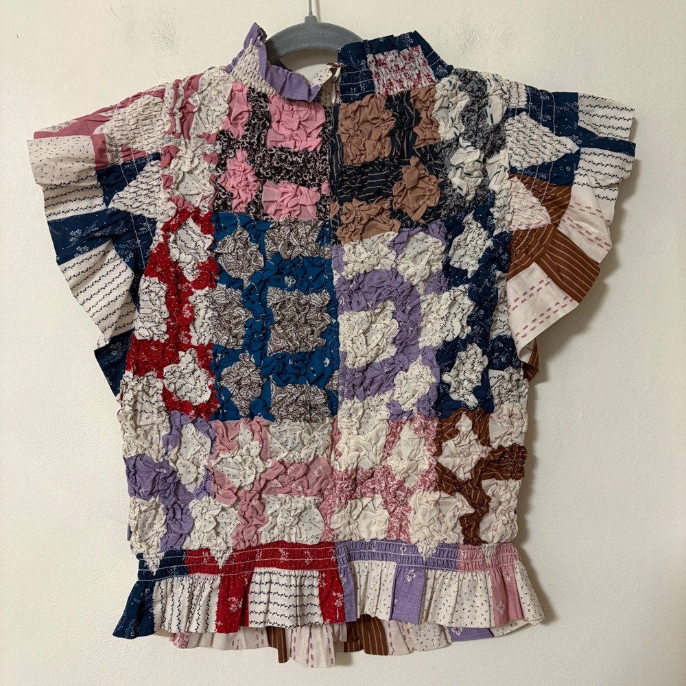 Sea New York Womens Medium Nohr Quilt Top Smocked Patchwork Multicolor Blouse - Picture 2 of 6